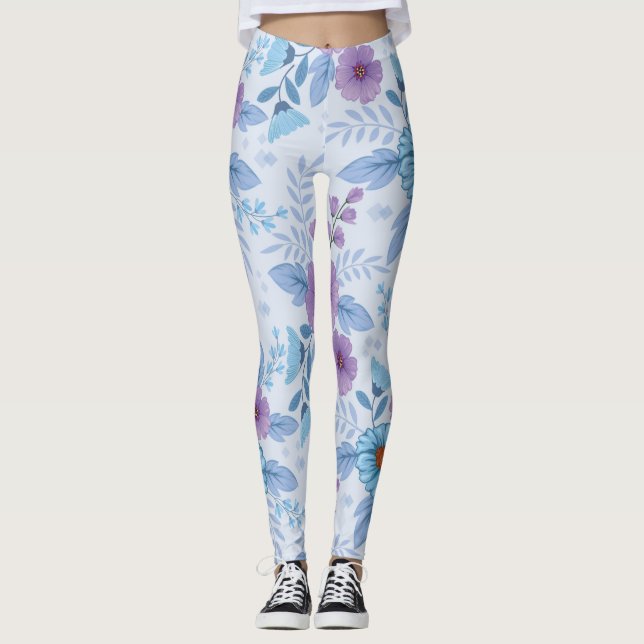 Lila och Blåa blommor Leggings (Framsida)