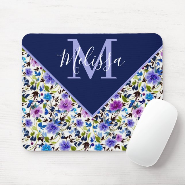 Lila och blåa blommor personliga musmatta (Med mus)