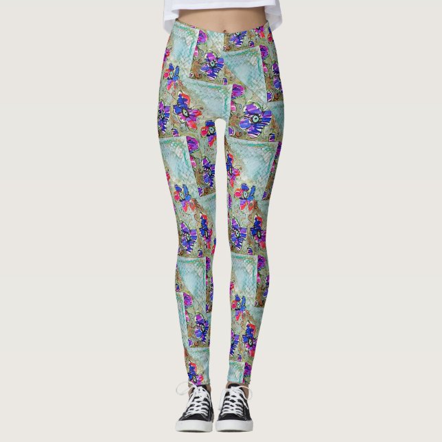Lila och Blåa blommor Squares Zigzags Leggings (Framsida)