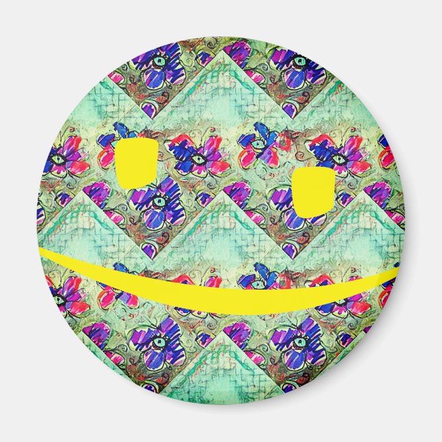 Lila och Blåa blommor Squares Zigzags Magnet (Framsidan)