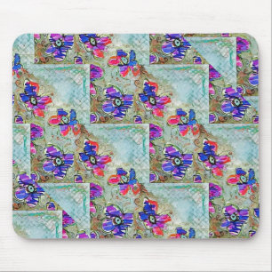 Lila och Blåa blommor Squares Zigzags Musmatta