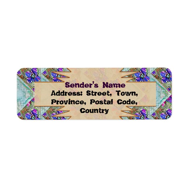 Lila och Blåa blommor Squares Zigzags Returadress Etikett (Framsidan)
