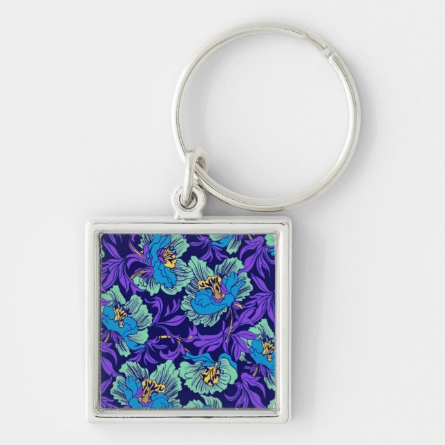 Lila och Blåa blommor William Morris Fyrkantig Silverfärgad Nyckelring (Framsidan)