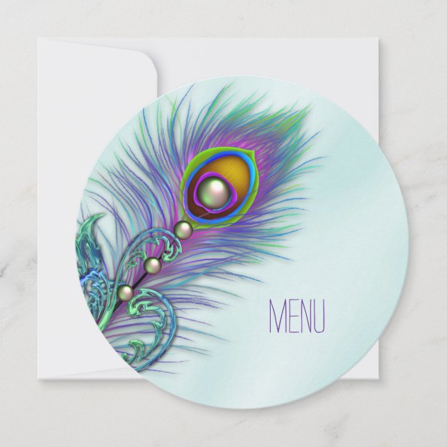 Lila och blåa Peacock Bröllop Menu Inbjudningar (Framsida)