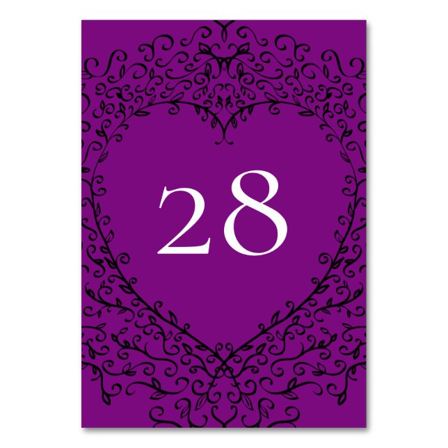 Lila och Black Heart Bröllop Bordsnummer (Framsidan)