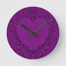 Lila och Black Heart Gothic Bröllop Clock Rund Klocka