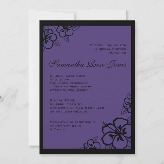 Lila och Black Hibiscus Flowers Möhippa Inbjudningar (Framsida)