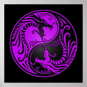 Lila och Black Yin Yang Dragons Poster