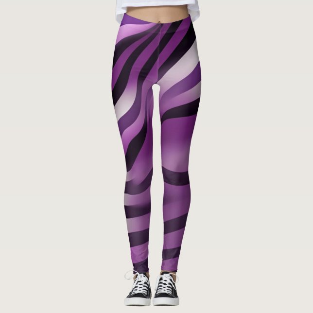 Lila och Black Zebra Rand Abstrakt Art Leggings (Framsida)