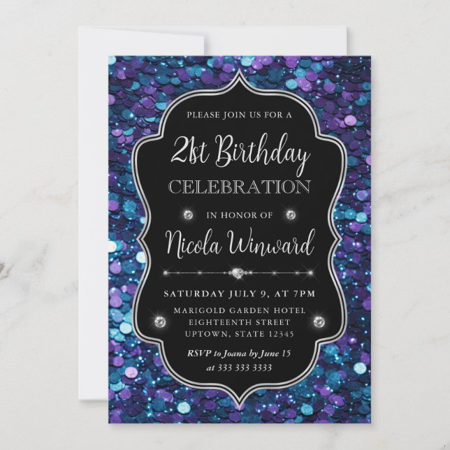 Lila och blåfenade Sjöjungfruar Ram födelsedag Inbjudningar (Framsida)