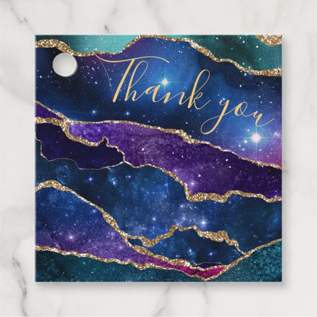 Lila och blått galaxagate med faux guld glitter gåvor etiketter (Framsida)