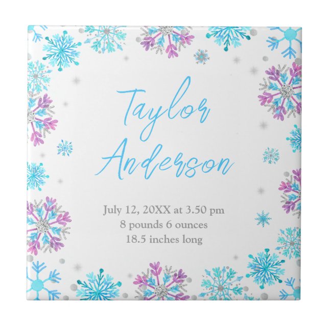 Lila och blått Snöflingor födelsetal Kakelplatta (Framsidan)