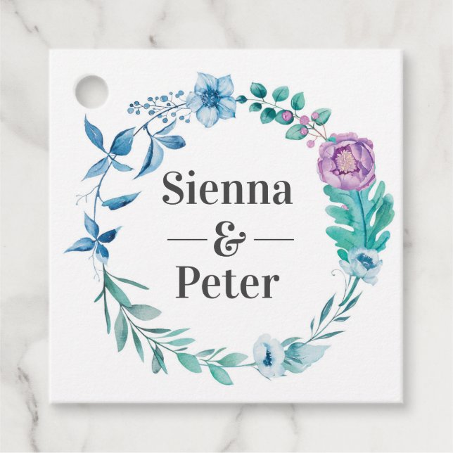 Lila och blåvitling av blommigt Utandningsbröllop  Gåvor Etiketter (Framsida)