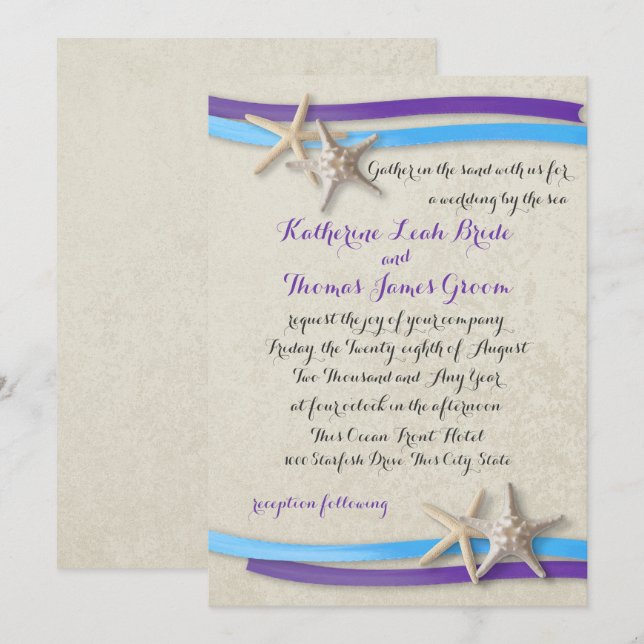 Lila och Blue Beach Wedding Starfish och Ribbon Inbjudningar (Fram/baksida)