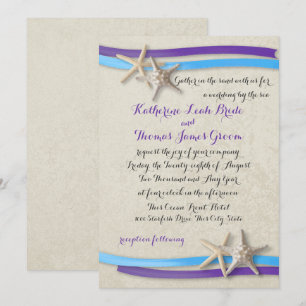 Lila och Blue Beach Wedding Starfish och Ribbon Inbjudningar