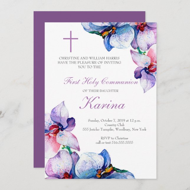 Lila och Blue Blommigt First Heliga Communion Inbjudningar (Fram/baksida)