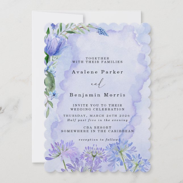 Lila- och Blue Blommigt Lotus Wedding-inbjudningar Spara Datumet (Framsida)