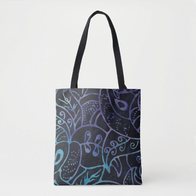 Lila och Blue Boho Batik Abstrakt Foliage Tygkasse (Framsida)