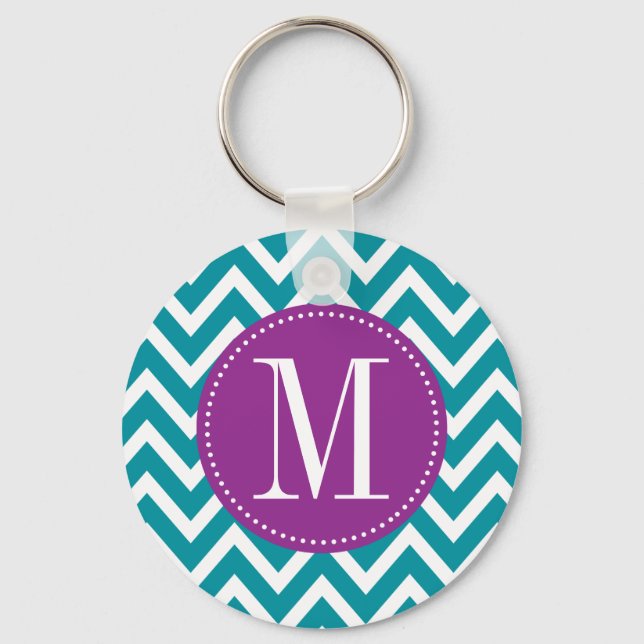 Lila och Blue Chevron Anpassningsbar Monogram Nyckelring (Framsida)