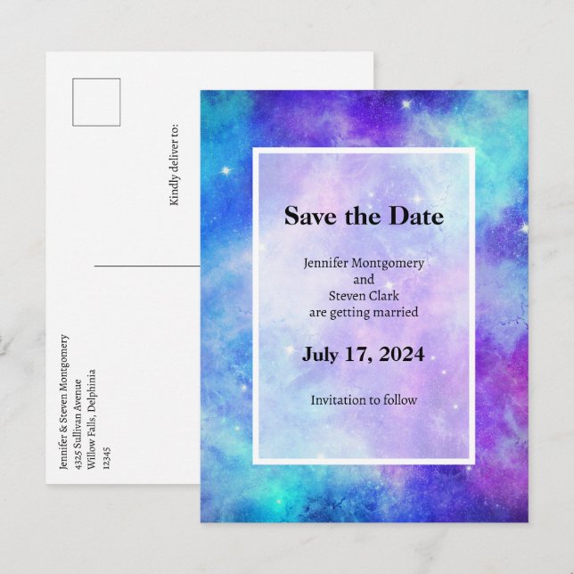 Lila och Blue Galaxy Space Abstrakt Meddelande Vykort (Fram/baksida)