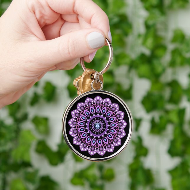 Lila och Blue Mandala Keychain Rund Silverfärgad Nyckelring (Hand)