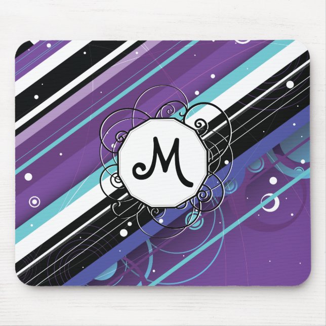 Lila och Blue Modern Retro Rand med Monogram Musmatta (Framsidan)