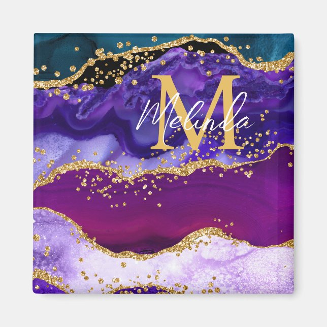 Lila och Blue Peacock Faux Glitter Agate Magnet (Framsidan)