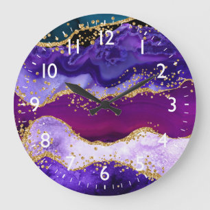 Lila och Blue Peacock Faux Glitter Agate Stor Klocka