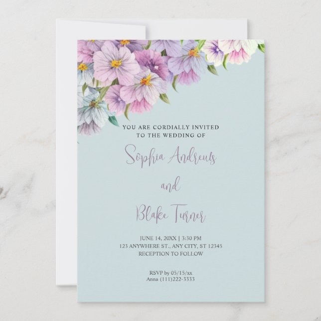 Lila och Blue Wildblommor Blue Garden Wedding Wedd Inbjudningar (Framsida)