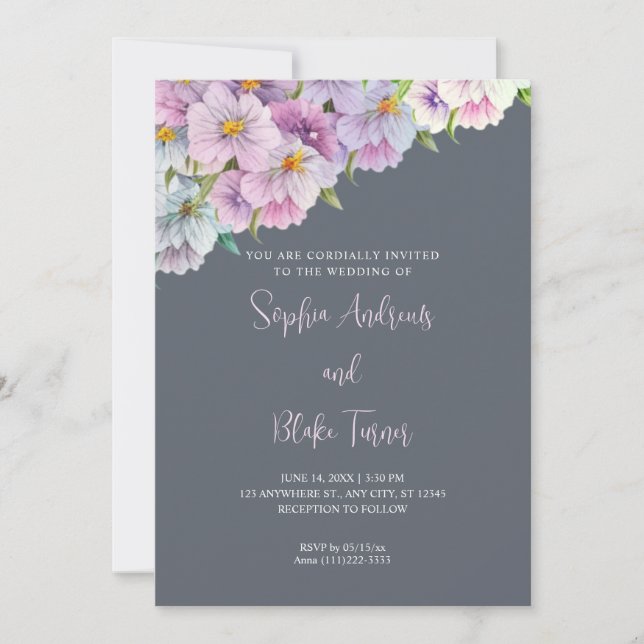 Lila och Blue Wildblommor Grått Garden Wedding Inbjudningar (Framsida)