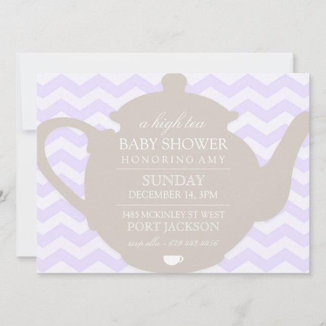 Lila och Brun Chevron High Tea Baby Shower Inbjuda Inbjudningar (Framsida)