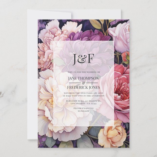 Lila och Champagne Blommig Bröllopsmonogram Inbjudningar (Framsida)