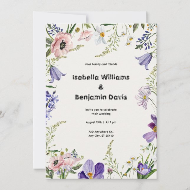 Lila och Cream Blommigt Inbjudan till Bröllop vid  (Framsida)