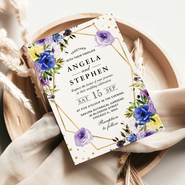 Lila och Cream, sommarblommor Guld Ram Bröllop Inbjudningar (Skapare uppladdad)