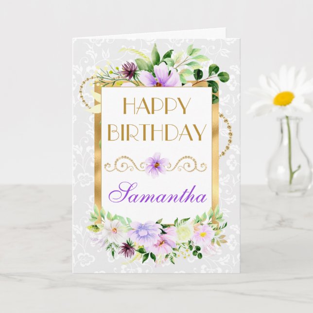 Lila och Cream Summer Flowers Gold Foil Birthday Kort (Liten växt)
