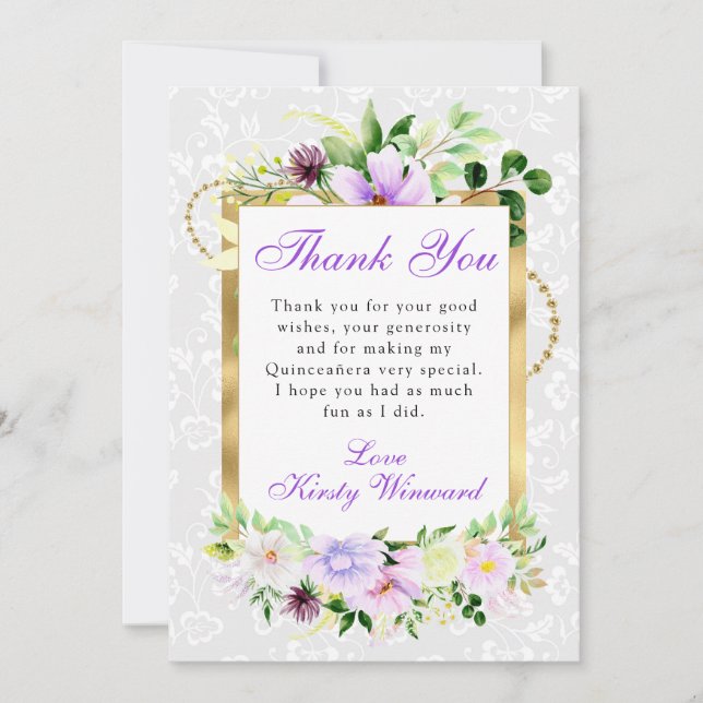 Lila och Cream Summer Flowers Guld Quinceanera Tack Kort (Framsida)