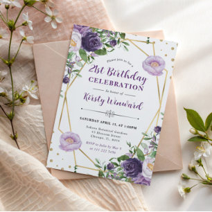Lila och Crème Vårblommor Ram Födelsedag Inbjudningar