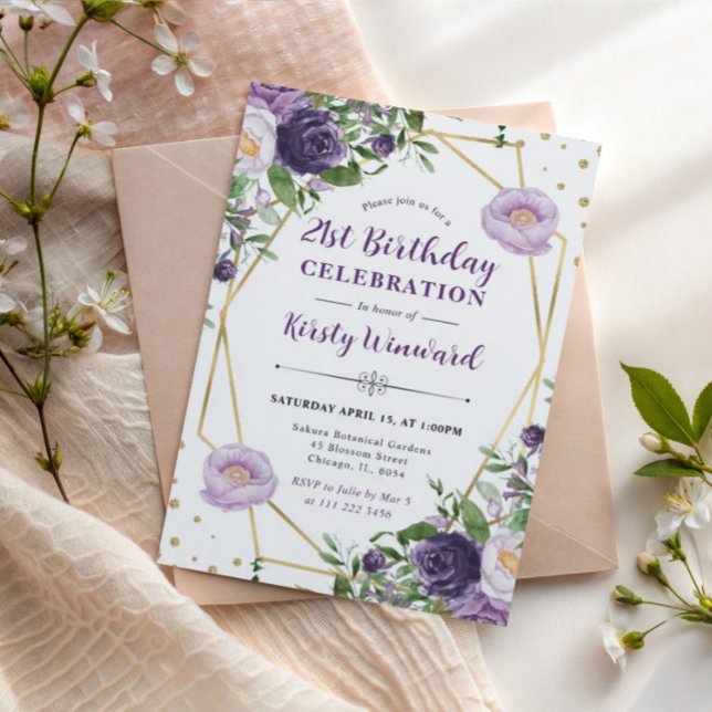 Lila och Crème Vårblommor Ram Födelsedag Inbjudningar (Skapare uppladdad)