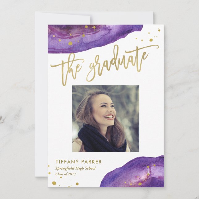 Lila och falskt guld geod-examen fest foto meddelande (Framsida)
