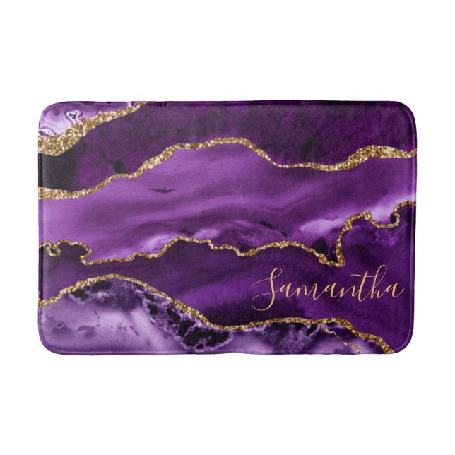 Lila och falskt guld glitter marmor agat badrumsmatta (Framsidan)