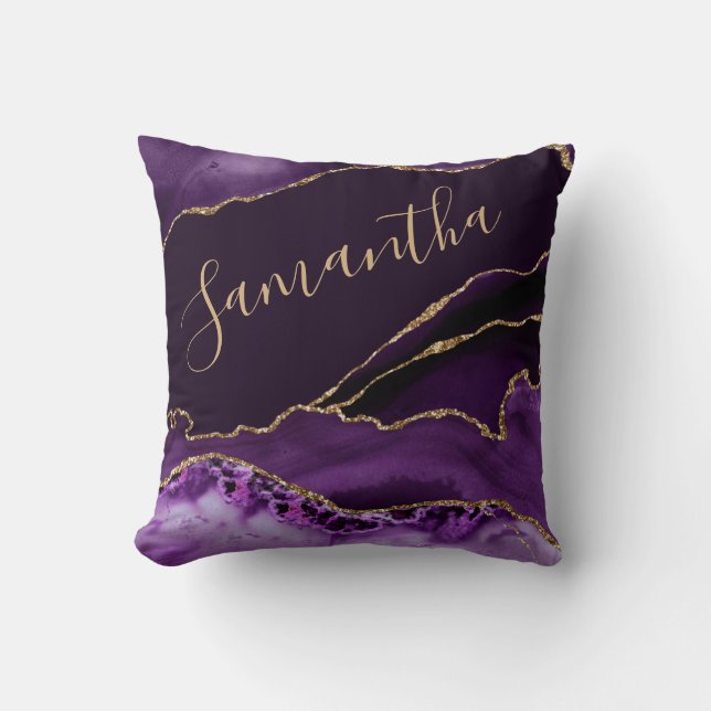 Lila och falskt guld glitter marmor agat kudde (Framsida)