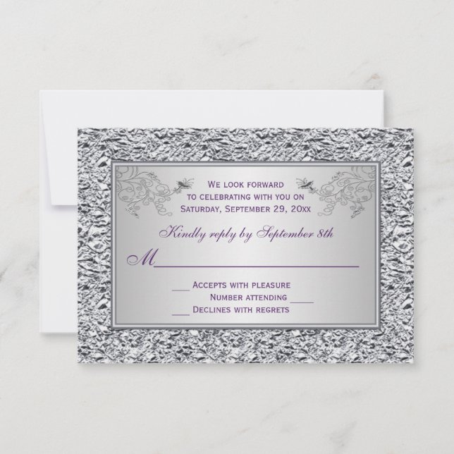 Lila och falskt silverfolie blomstermönstrat RSVP- OSA Kort (Framsida)