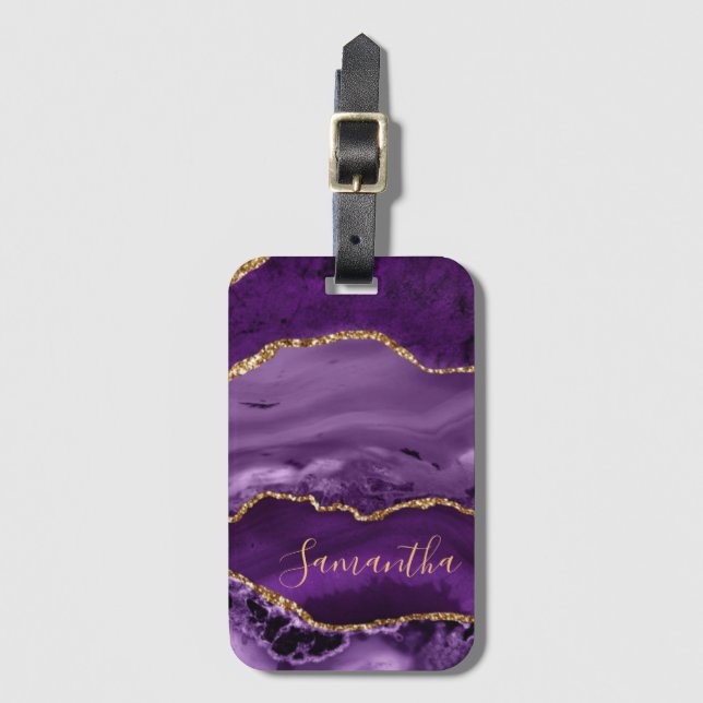 Lila och Faux Guld Glitter Marble Agate Bagagebricka (Framsida vertikal)
