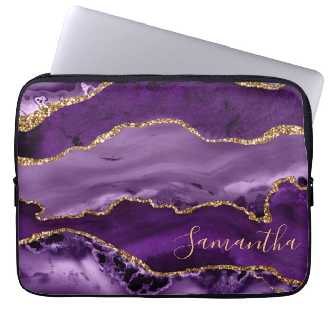Lila och Faux Guld Glitter Marble Agate Laptop Fodral (Framsidan)