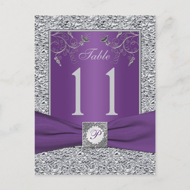 Lila och FAUX Silver Foil Bordsnummer Card (Framsida)