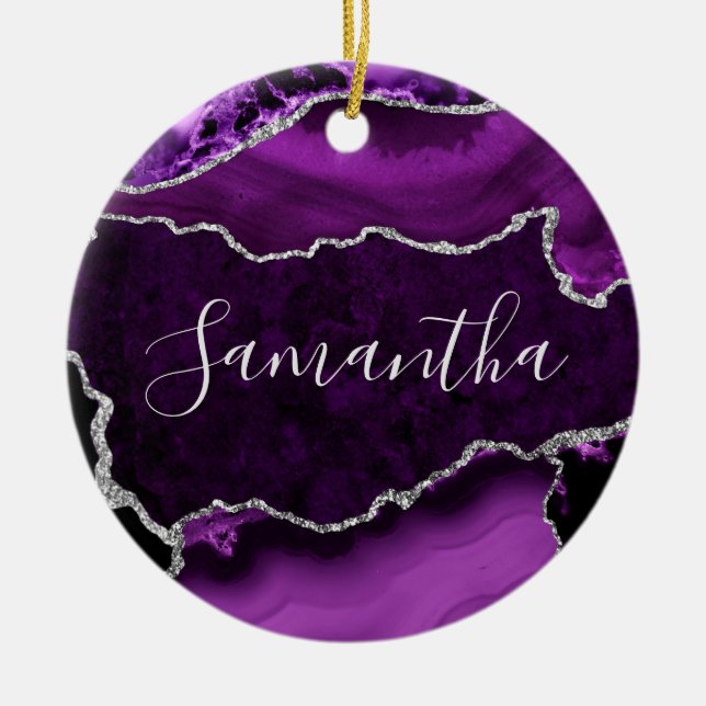 Lila och Faux Silver Glitter Marble Agate Julgransprydnad Keramik (Framsidan)