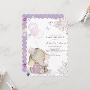 Lila och grå elefant Babyshowerdekorationer Inbjudningar