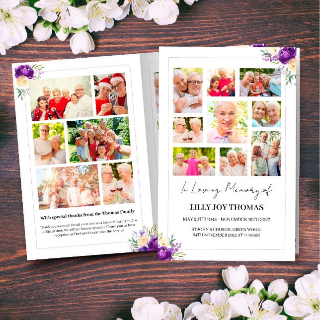 Lila- och gräsklippningsprogram (Funeral Program with Purple & Cream Watercolor Flowers and a photo collage on the front & back)