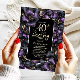 Lila och Grått Blommigt 40:e födelsedag Party Inbjudningar