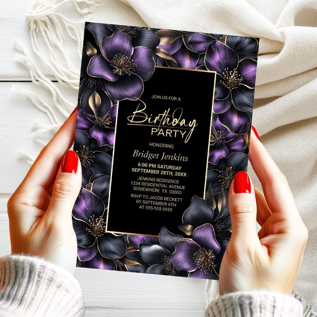 Lila och Grått Blommigt oavsett ålder Födelsedagsf Inbjudningar (Skapare uppladdad)